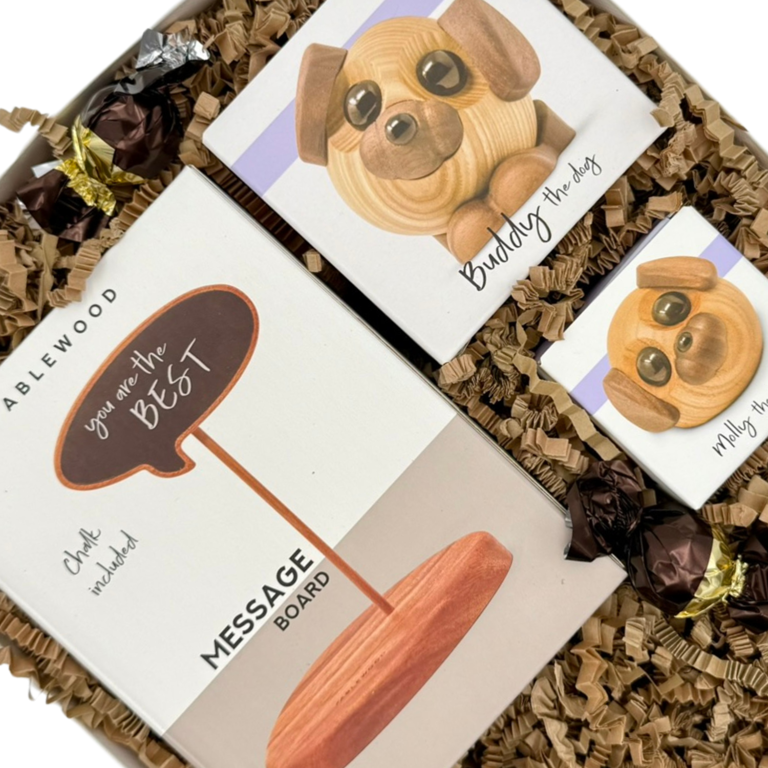 Gavebox | Fablewood Buddy og Molly hunde på beskedtavle