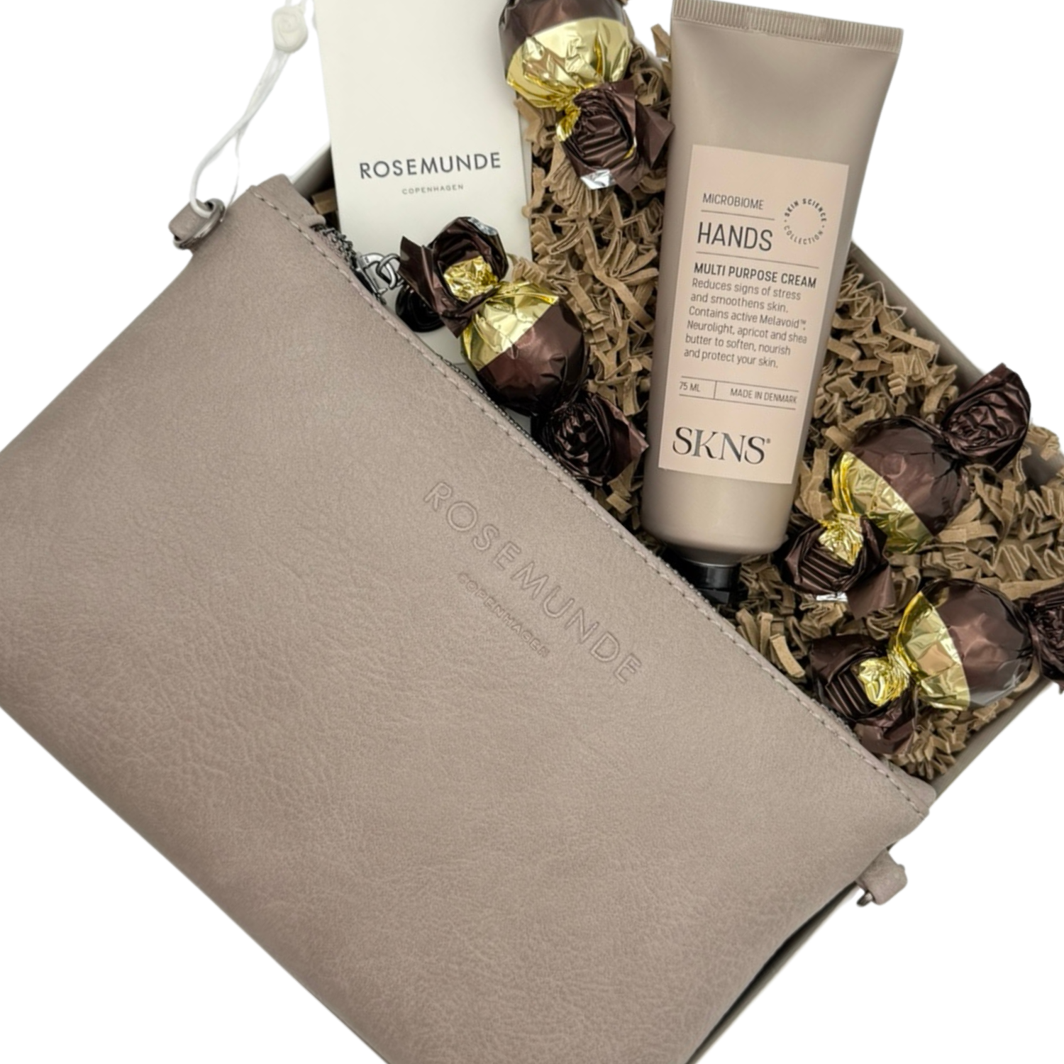 GAVEBOX | Rosemunde Clutch med SKNS og chokolade