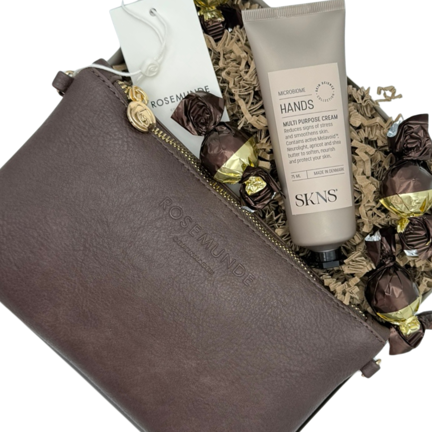GAVEBOX | Rosemunde Clutch med SKNS og chokolade